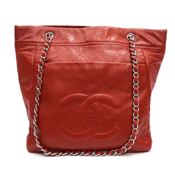 CHANEL Handbags - SOLD Chanel Red Caviar Leather Large Tote Bag